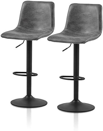 TUKAILAi 360° Swivel Bar Stools Set of 2, Faux Suede Leather Upholstered Counter Height Adjustable Barstools, Breakfast Bar Chairs with Backrest, Footrest and Metal Base for Kitchen Island (Grey)
