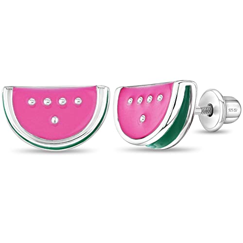 925 Sterling Silver Fuchsia Enamel Watermelon Fruit Girls Screw Back Earrings - Fruit Earrings for Toddlers, Young Girls and Pre Teens - Bright Colored Fruit Enamel Earrings
