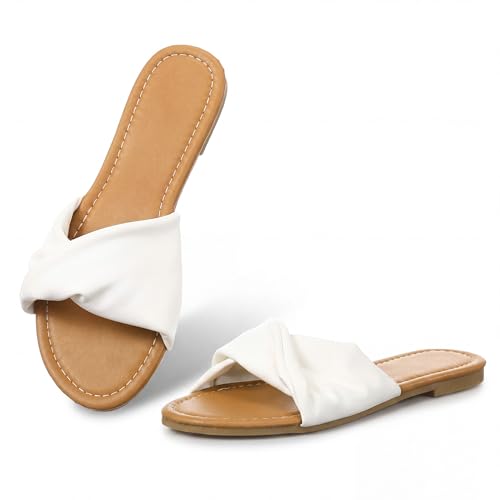 Image of Unittype Women Flat Sandals White Dressy Leather Slides Soft Fashion Open Toe Slippers Summer Minimalist Slip On Beach Slides