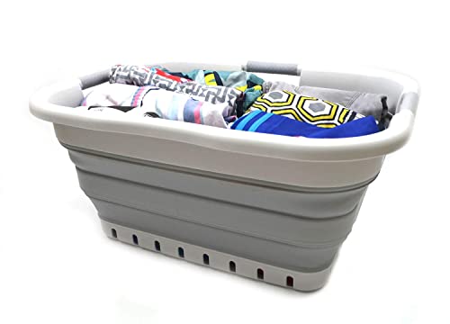 Image of SAMMART 41L (10.8 gallon) Collapsible Plastic Laundry Basket - Foldable Pop Up Storage Container /Organizer - Portable Washing Tub - Space Saving Hamper /Basket (3 handled rectangular, Grey /Grey)