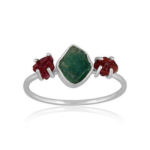 Raw Emerald Ring Real Ruby Ring Pigeon Blood Ruby 3 Stone Raw Stone Ring 925 Sterling Silver Ruby Gemstone For Women's Birthday Anniversary Gift (8)