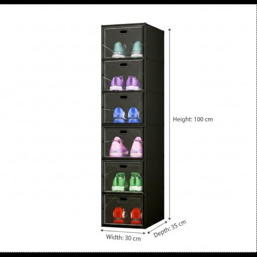 Image of Sulfar 6 Tier Shoe Rack Collapsible Shoe Organiser with Door - Foldable Sneaker Crates Footwear Organiser for Men, Women, Heels, Boots, Loafers, Sneakers, Slippers (Black)