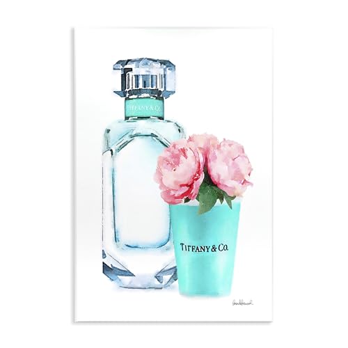 Image of Teal Perfume Bottle and Peonies, 13 x 19 Inch Mounted Print on Wall Plaque