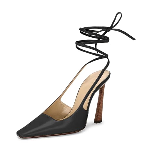 sarawill Women Fashion Summer Wood Grain Stiletto Heel Pumps Ankle Straps Lace-up Square Toe Matte Sexy Dress Pumps 5-12 US
