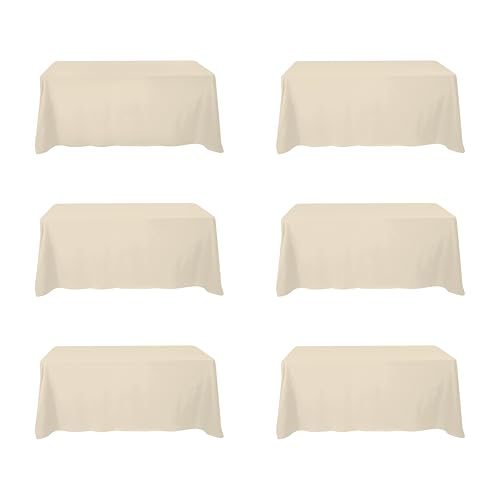 Image of BRILLMAX 6 Pack Beige Tablecloths 90x132 Inch for 6ft Rectangle Tables | 150 GSM Polyester Fabric, Floor Length Drop, Water, Stain & Wrinkle Resistant Cloth Cover for Wedding Reception Banquet Party