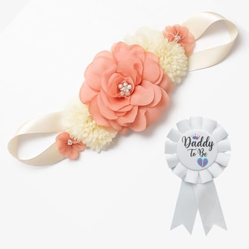 Image of Wanna Party Maternity Sash Floral Waistband and Corsage Set - Floral Belly Band with Dad to Be Pin for Baby Shower Party Decorations and Pregnancy Photoshoot Gift