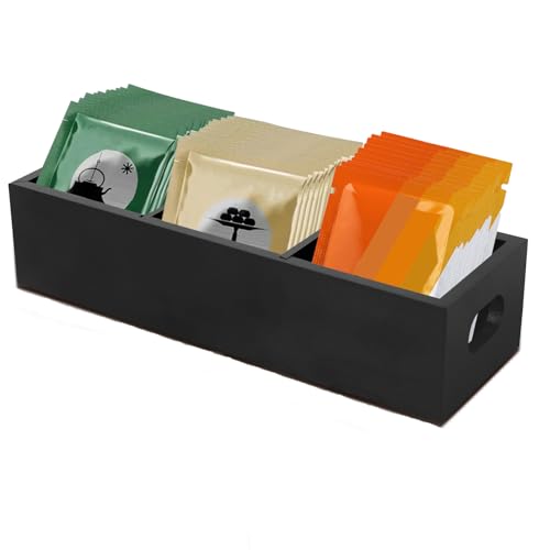 KTCINA Tea Bag Holder 3 Compartments Tea Bag Organizer Wooden Tea Bag Storage Container with 2 Removable Dividers Tea Bag Box Tea Box Organiser for Countertop Tea Bags Sugar Coffee Pods(Black)