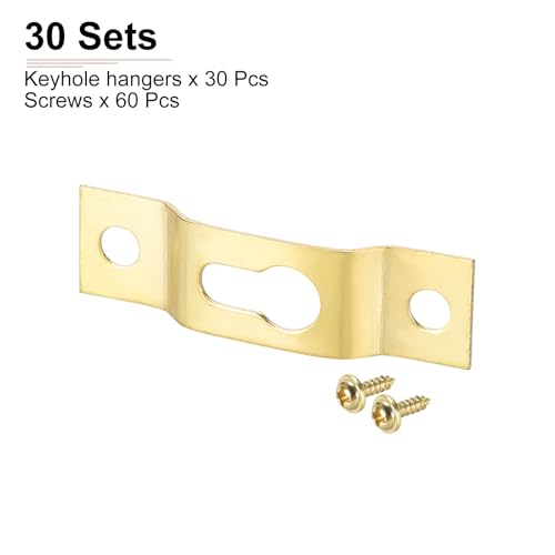 Image of DTGN 40mm x 11mm Keyhole Hanging Plate with Screws - 30Pcs - Good for Hanging Paintings - Picture Frame Hook Photos - Gold