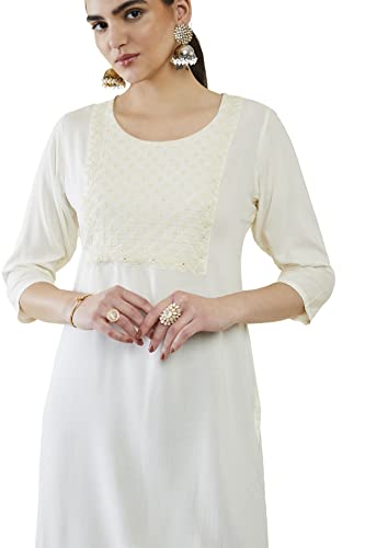 Image of Soch Women Off White Rayon Embroidered Kurta