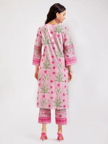 Image of Amazon Brand - Anarva Pure Cotton Kurta Set for Women | Kurti Set | V Neck 3 /4 Sleeve Ethnic Outfit | Cotton Kurta Set for Women | Designer Indian Kurti | Daily Office and Festive Traditional