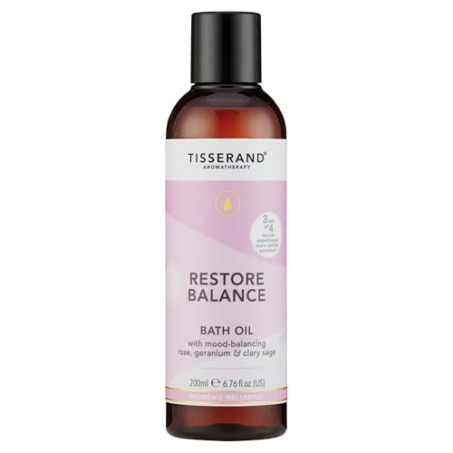 Tisserand - Restore Balance Bath Oil - Perimenopause Menopause & Menstruation Support for Women - Rose Clary Sage & Geranium - 100% Natural Essential Oils - 200ml