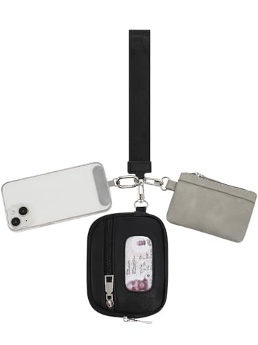 Small Dual Pouch Wristlet RFID Blocking Leather Keychain Wallet Mini Zip Around Coin Purse for Women and Men with ID Window Phone Tether Tab