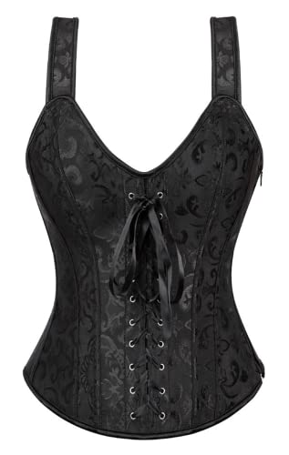 KUOSE Damen Schwarz Shapewear Korsett Vintage Gothic Vollbrust Corsage Top mit Träger (Schwarz-A, 44-46)