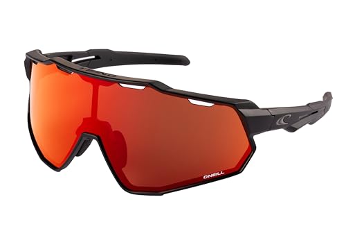 Image of O'NEILL 9040 Sports Wrap Shield Sunglasses for Men, Women UV400 Protection for Cycling, Running, 141mm, Red Mirror Lens, Matte Black