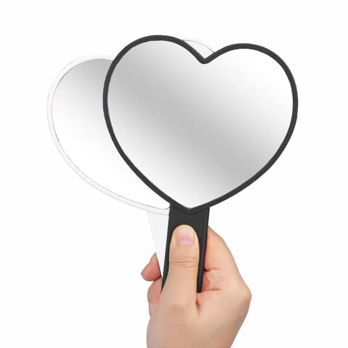 Topyhl 2Pcs Heart-Shaped Makeup Hand Mirror,Travel Handheld Mirror Portable Personal Cosmetic Mirror With Handle (White And Black) #TOP2
