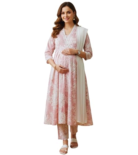 Image of DUMMY SHAPE Maternity Dresses for Women Cotton | Floral Kurta Pant Dupatta Set with Nursing Zippers, Side Pocket | Pre & Post Pregnancy | Feeding Kurti Suit | Baby Shower | Gifts for Pregnant Woman