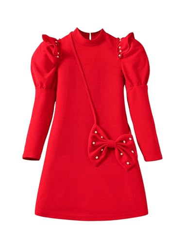 SweatyRocks Girl's Pearls Puff Long Sleeve Dress Mock Neck Birthday Fall Dresses with Bowknot Bag
