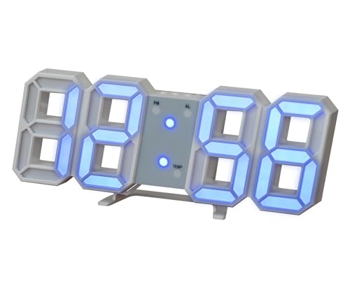 デジタル時計 置き時計 壁掛け 説明書付き LED 3D 置き型 目覚まし 光る 時計 インテリア 卓上 おしゃれ リビング ゲーミング 机 アラーム 目覚まし時計 LED時計 プレゼント (ホワイト×ブルー)