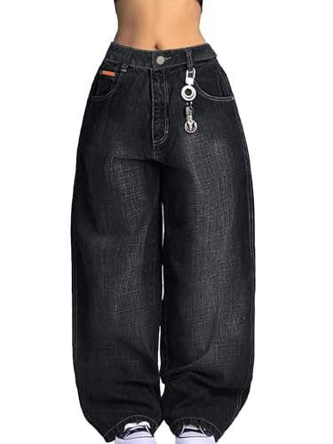 EMMIOL Women Hip Hop Baggy Jeans Wide Leg Mid-Low Waist Jeans Loose Boyfriends Jeans 90s Vintage Denim Pants