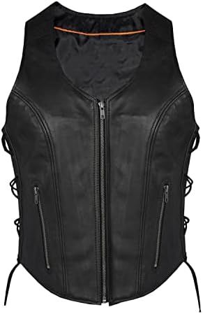 Ladies womens solid soft leather biker motorcycle vest black concealed carry (2XL, Black)
