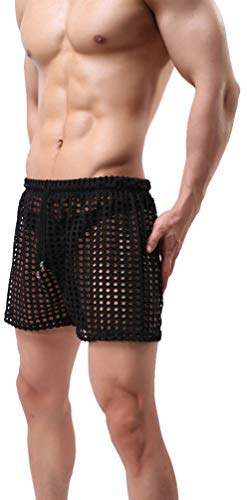 Linemoon Men's Mesh Shorts Sexy Lounge Hollow Boxer Underwear Black, Large - Image 6