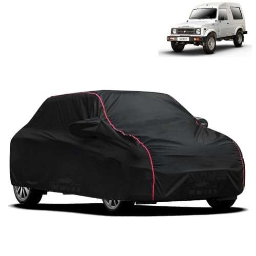 Image of Waterproof Car Cover for Maruti Suzuki Gypsy | All-Weather Protection, Dustproof & UV Resistant | Triple Stitched Mirror Pockets, Windproof Buckle Strap with Elastic Hem, Black-Red Piping