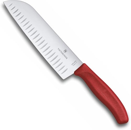 Victorinox Swiss Classic Santokumesser, Messer Asiatischer Art, Extra Scharfe Klinge, Kullenschliff, 17 cm, Rostfreier Stahl, Geschenkverpackung, Rot