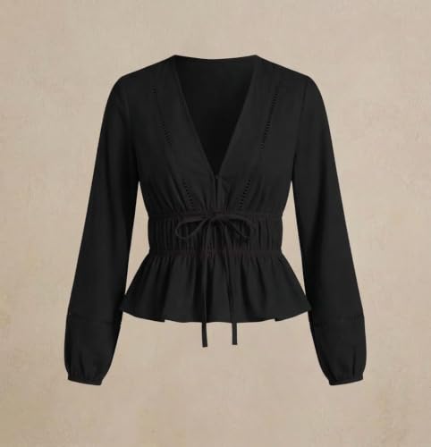 Image of Shasmi Women's Solid Deep V Neck Cotton Long Bishop Sleeve Drawstring Waist Ruffle Hem Peplum Top | Blouse | Casual Boho Cottagecore Shirt for Office, Vacation & Daily (Top 304)