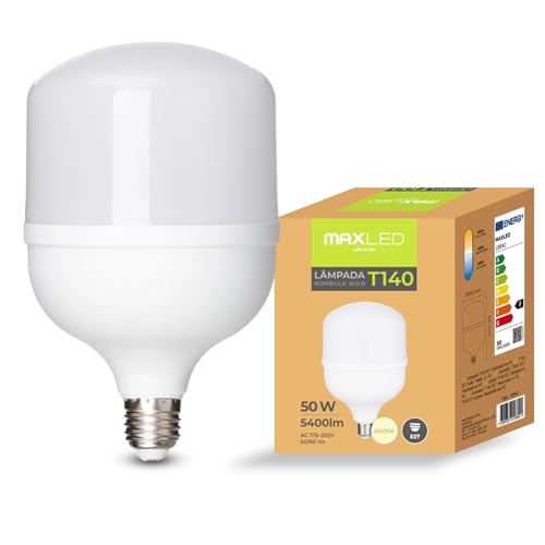Maxled, Light is Led! Bombillas LED E27 T140 50W 5400 Lúmen Equivalente a 225W 4000K Blanco Neutro Ángulo de Haz 200° Lámpara T140 Bombilla para Iluminación Casas CA175 250V No Regulable