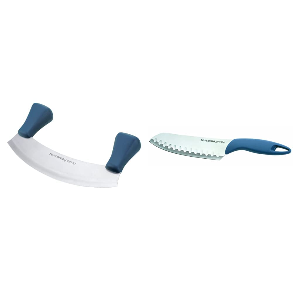 Tescoma 863046 Presto Mezzaluna, 18 cm & 863049 Presto Coltello Giapponese, Acciaio Inossidabile, Blu, 20 cm, 1 Pezzo