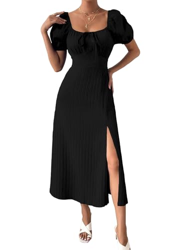 Image of Shasmi Women's & Girl's Tie Front Split Thigh Milkmaid Maxi Dress - Square Neck Puff Sleeve A-Line Long Dress, Elegant Casual & Parties Wear for Ledies (Dress 245)