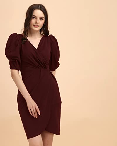 Image of Sheetal Associates Women's Puff Sleeve V-Neck Bodycon Casual Mini Dress