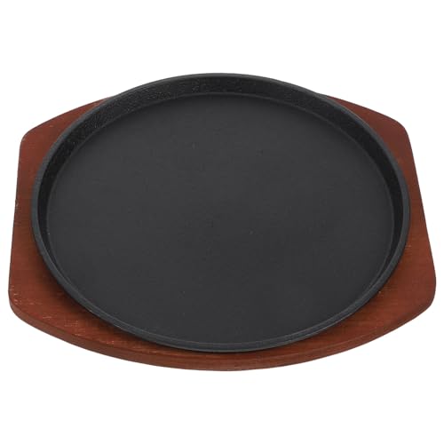 VANZACK Padella per Bistecca Spessa in Ghisa Base in Legno, Piastra per Grigliare Carne e Patatine, Compatta per Cucina a Induzione e Uso Domestico