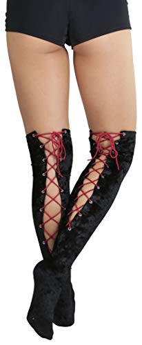 Image of ToBeInStyle Women's Lace Up Back Seam Tights Sheer or Opaque Hosiery Stockings Crisscross Lace Ribbon Zigzag Design