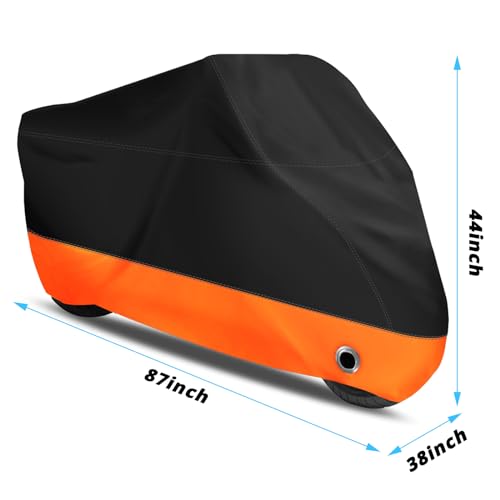 XYZCTEM Motorcycle Cover,All Season Black&Orange Waterproof Outdoor Sun Motorcycle Cover,Fits up to 87" Motors