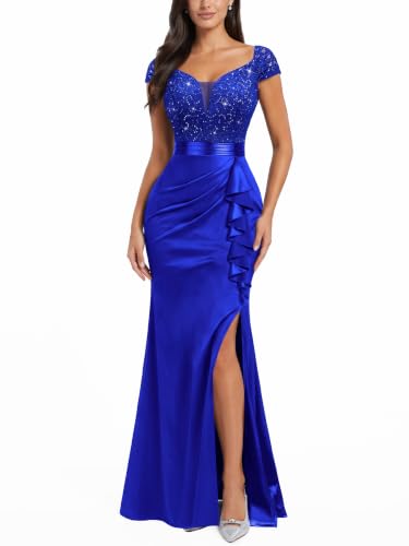 Image of Miusol Women's Vintage V-Neck Slim Ruffle Split Evening Formal Maxi Dress