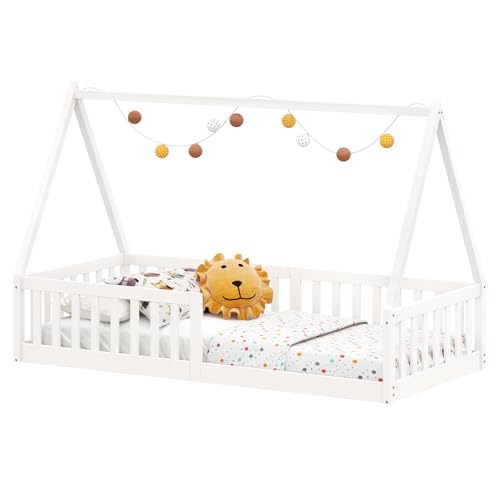 IDIMEX Cama Infantil Madeira Branco Grade Montessori Casinha de Chão Nicolas