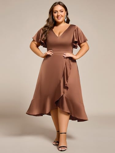 Ever-Pretty Plus Women's V Neck A Line Ruffles Sleeves Satin Midi Plus Size Cocktail Wedding Guest Dresses 02318-DA4