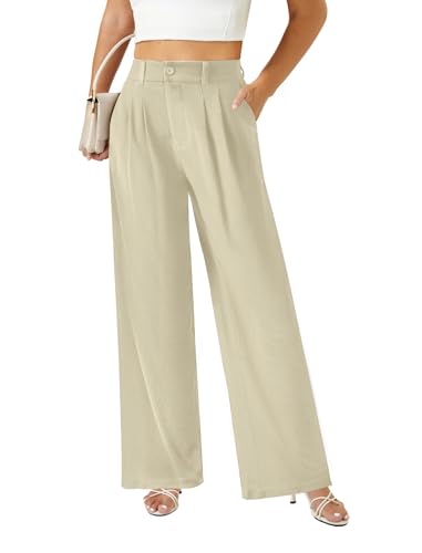 keriffe Womens Wide Leg Work Pants Waffle Knit High Waisted Button Down Casual Dress Palazzo Trousers Pockets