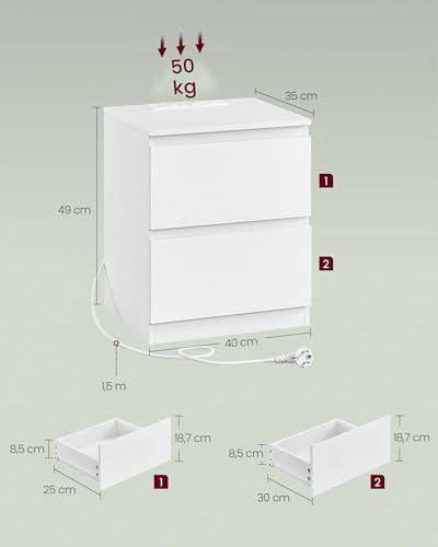 Lot de 2 tables de chevet multiprise USB, VASAGLE