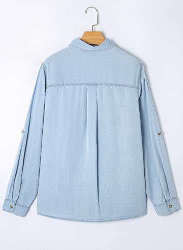 Astylish Women Button Down Denim Shirts Casual Long Sleeve V Neck Chambray Blouse Top4