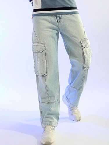 Image of The Indian Garage Co Men Relaxed Fit Solid Mid-Rise Cargo Denim