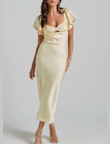 Image of Summer Satin Flutter Sleeve Wedding Guest Dresses for Women Sweetheart Neckline Cutout Tie Back Midi Cocktail Dress