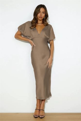 Image of Summer Satin V Neck Puffy Sleeves Empire Waist Midi Dresser Silk Sexy Tie Back Formal Cocktail Dresser for Women Wedding