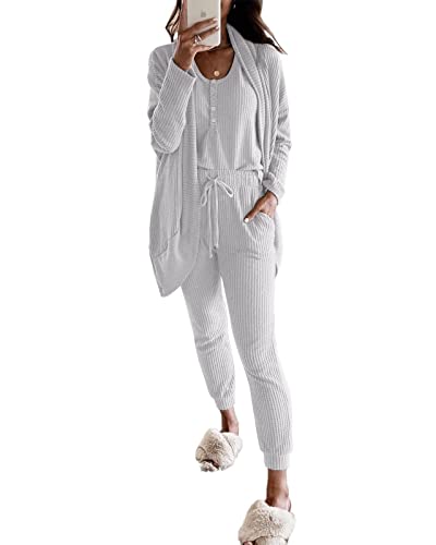 Image of Meikulo Lounge Sets for Women Pajamas Set 3 Piece Outfits Waffle Knit Loungewear Sleeveless Tank Top Vest Pajama Pants Joggers Sweatpants Long Sleeve Lightweight Cardigans Grey, M