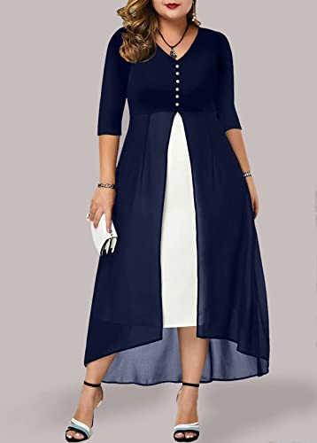 Jumpfolia Women's Plus Size 3/4 Sleeve V Neck Chiffon Contrast Panel Cocktail Semi Formal Midi Dresses (A02-Navy Blue-4Xl) #TOP1