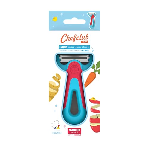 Chefclub Kids - Éplucheur Enfant Bleu et Rouge - Lame Bidirectionnelle Inox pour Fruits et Légumes - Manche Antidérapant Ergonomique Adapté aux Petites Mains - Sécurité et Confort d’Utilisation