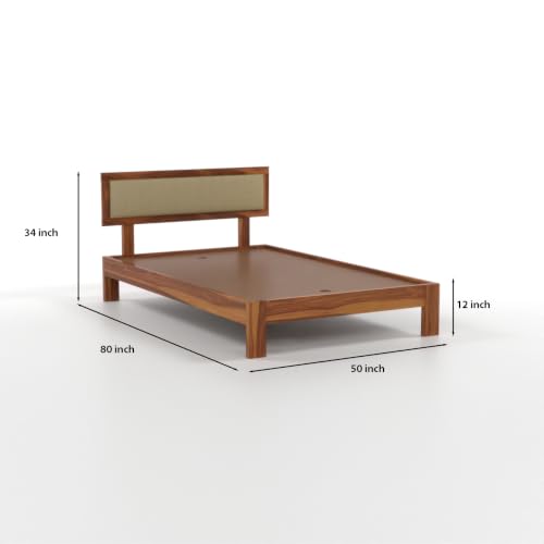 Image of Solid Sheesham Wood Single Bed Without Storage for Bedroom | Single Size Wooden Cot with Upholstered Headboard | Modern Platform Divan Bed for Home, Guest Room (Honey Finish)