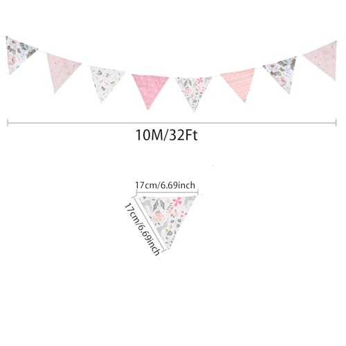 Image of Zwiebeco 32Ft Pink Fabric Floral Pennant Banner Bunting Cotton Pinkish Flowers Triangle Flags Party Decorations for Birthday Wedding Engagement Bridal Baby Shower Rustic Village Home Garden Decor