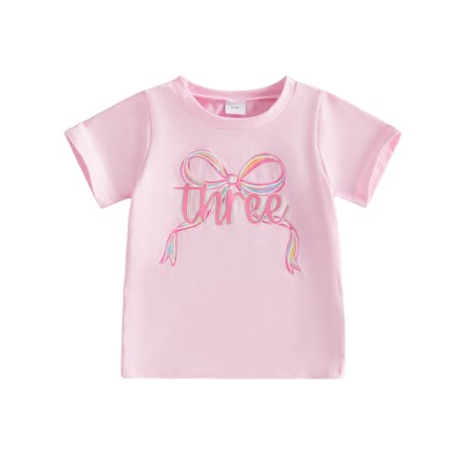 Image of MAHUAOYIXI Baby Girls Birthday Tops for Kids Girls T Shirt Short Sleeve Crewneck Bow Letter Print Pullover Summer Toddler Birthday Summer Clothes (Three, 3-4 Years)